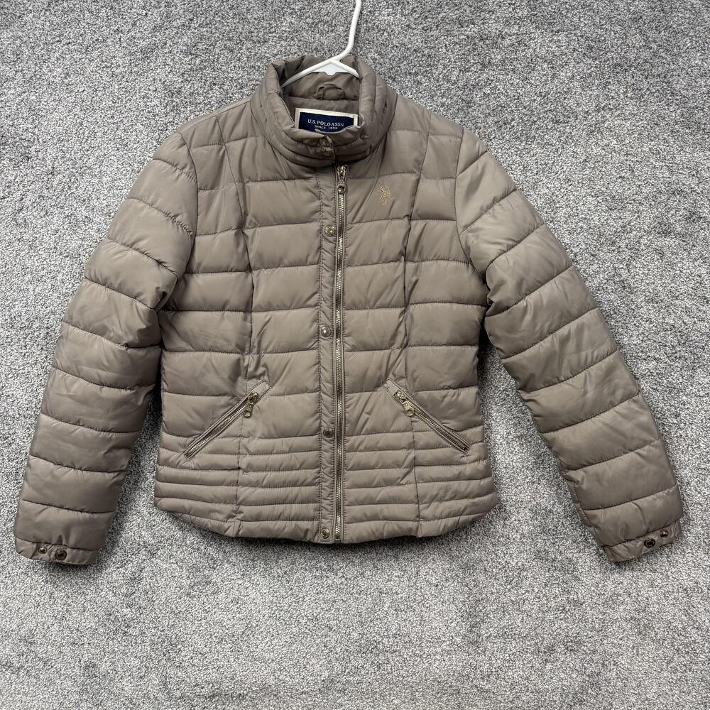 U.S. Polo Assn. Jacket Womens Medium Beige Quilted Puffer Full Zip Warm Winter
